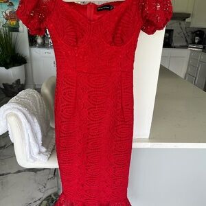 PrettyLittleThing Red Puff Sleeve Bodycon Midi Dress